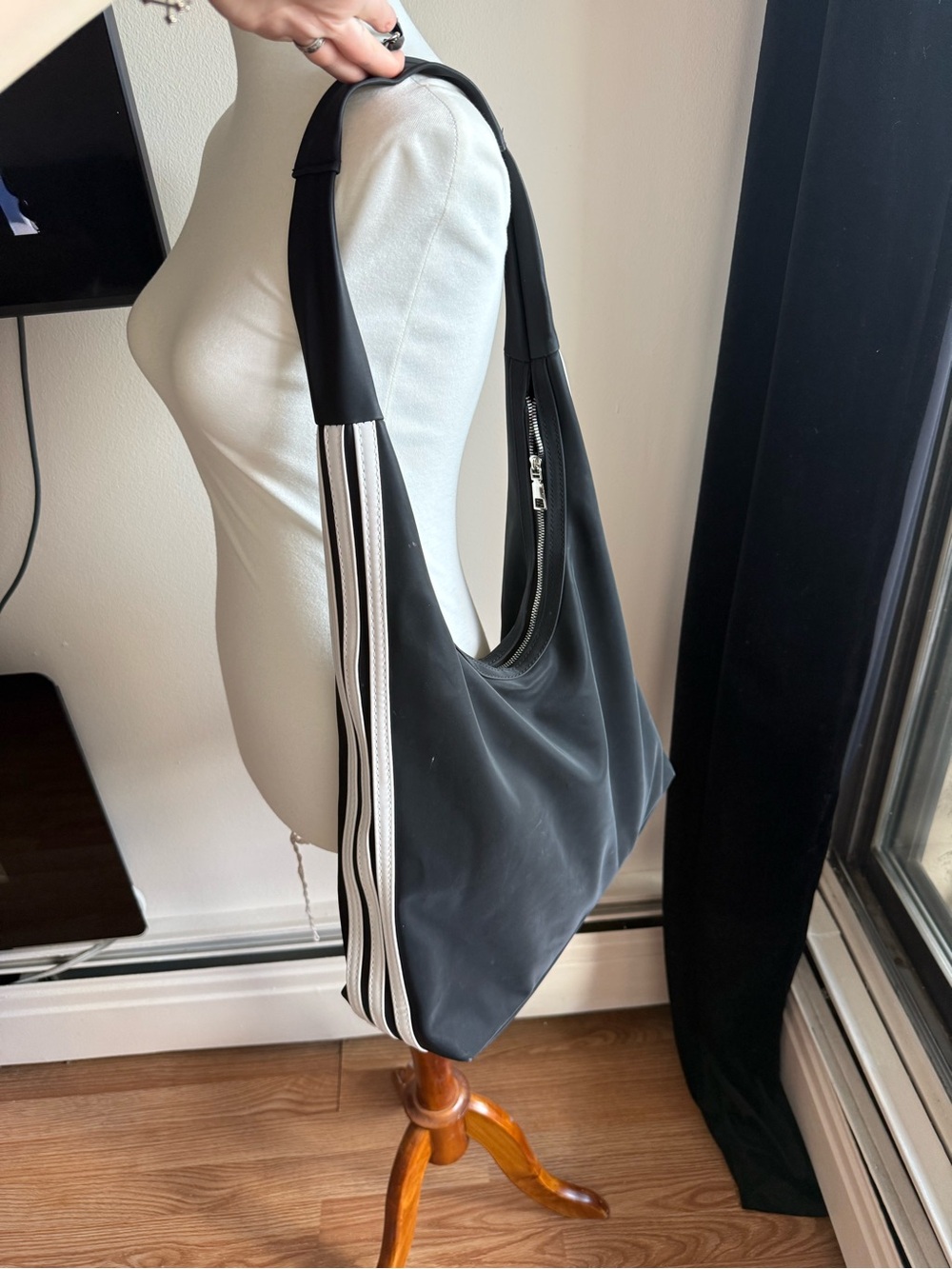 Black Shoulder Hobo Bag with White Stripe Accent